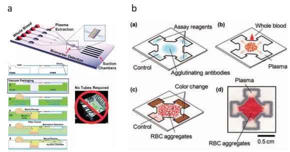 (a) 真空處理的微流控芯片 (b) 紙做的微流控芯片,上述兩種芯片皆能即時分離血球血漿,進行血漿內蛋白質檢測 (a) 真空處理的微流控芯片 (b) 紙做的微流控芯片,上述兩種芯片皆能即時分離血球血漿,進行血漿內蛋白質檢測