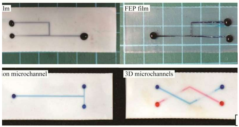 代表性的含氟聚合物微通道,其中充滿含水染料的水。圖片來源:SUTD 代表性的含氟聚合物微通道,其中充滿含水染料的水。圖片來源:SUTD