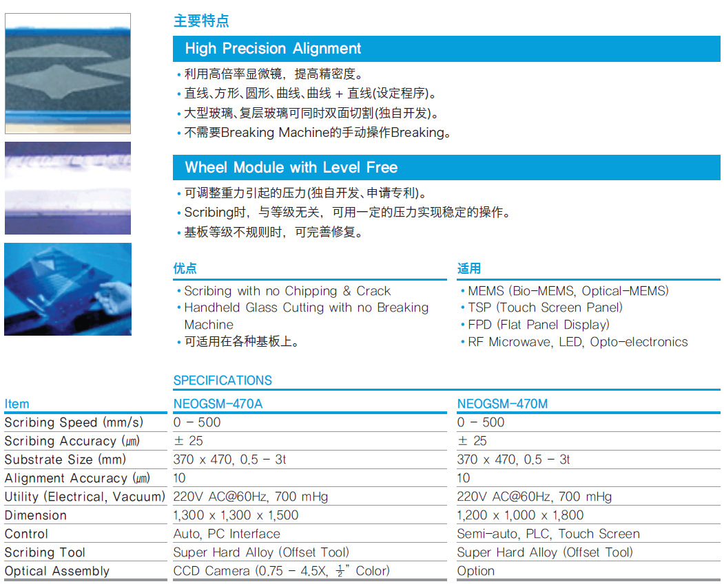 進口精密玻璃切割機特點、技術參數、型號說明